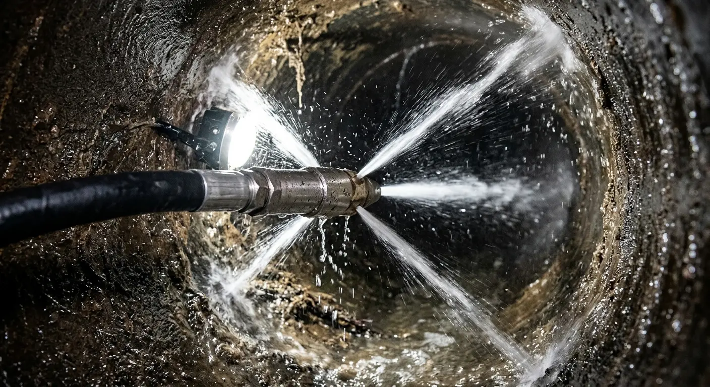 High-pressure hydro jetting nozzle cleaning sewer pipe for Trenchless Sewer Repair in Lehman