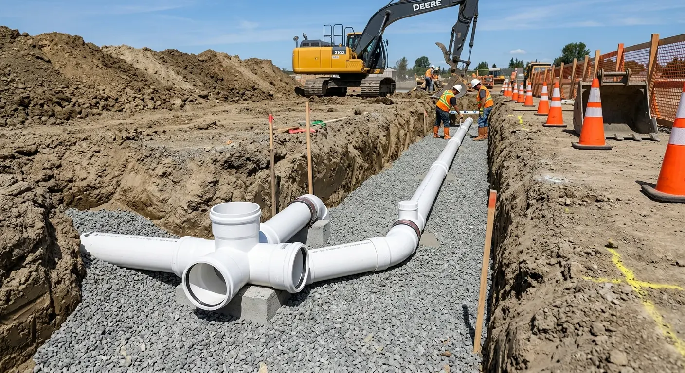 New PVC sewer pipe installation in open trench for Sewer Backup in Lehman