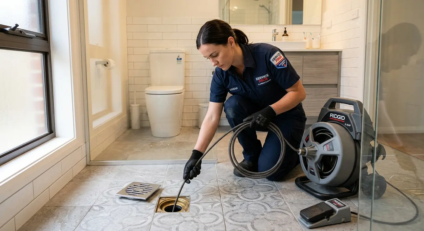 Technician clearing a bathroom floor drain for Sewer Line Replacement in Lehman